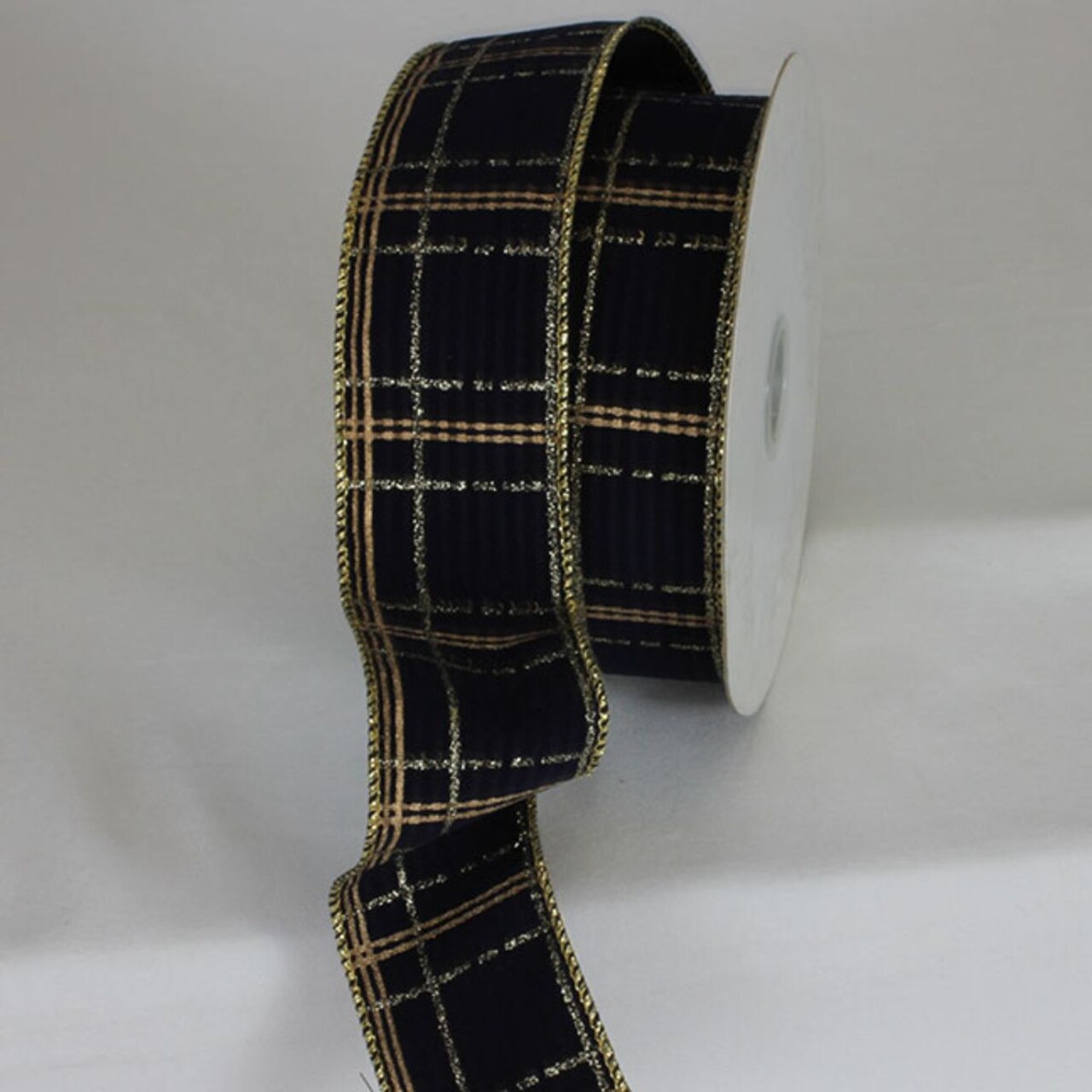 The Ribbon People Navy Blue and Gold Xmas Present Plaid Wired Craft Ribbon 2" x 20 Yards